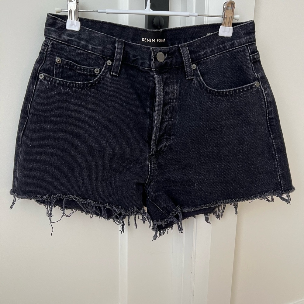 Denim Forum Black Jean Shorts with Frayed Hem